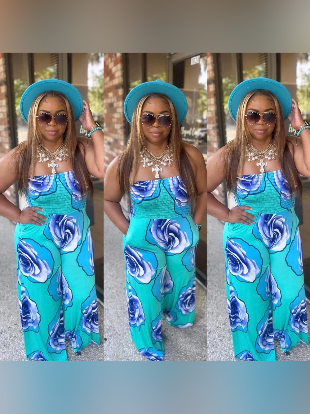 Floral Wide-Leg Jumpsuit in Blue & Turquoise